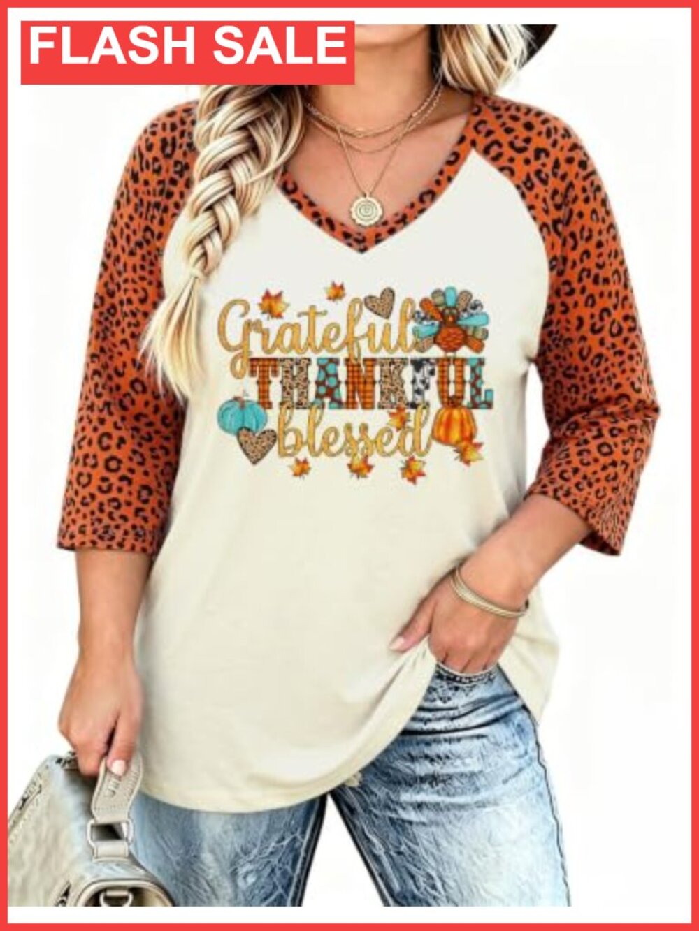 Plus Size Thankful Grateful 3/4 Sleeve V-Neck Thanksgiving T-Shirt